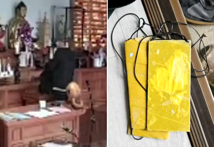 검은 옷을 입은 남성이 불전함에 넣은 줄로 시줏돈을 훔쳐 검은색 가방에 담는 모습이 찍힌 폐쇄회로(CC)TV 장면(왼쪽)과 일당이 범행도구로 사용한 양면테이프를 붙인 넓적한 쇠(오른쪽). KBS 보도화면 캡처