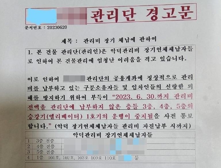 A씨로 추정되는 인물이 인터넷에 올린 건물 관리단 경고문. 인터넷 커뮤니티 캡처