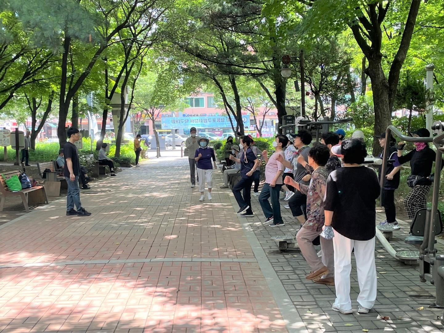 서울 영등포구 당산근린공원에서 어르신들이 치매 예방 체조를 하고 있다. 영등포구 제공
