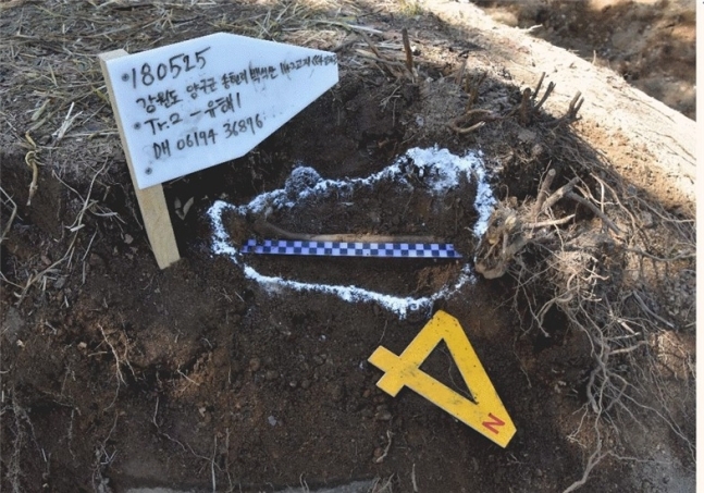 2018년 5월 강원도 백석산 정상 일대에서 발굴된 고(故) 노관수 이등중사 유해. 국방부 유해발굴감식단 제공