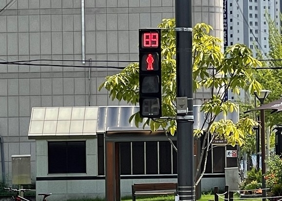 지난해 8월 전국 최초로 ‘적색신호 잔여시간 표시장치’가 설치된 경기 의정부시청 앞 교차로의 보행자 신호등. 의정부시청 제공