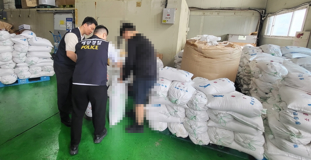 인천해양경찰서 경찰관들이 인천의 한 수산물 창고에서 중국산 천일염을 살펴보고 있다.[해경 제공]