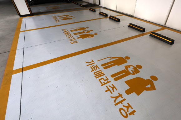 서울의 공공시설과 각종 대형시설 주차장에 마련됐던 ‘여성우선주차장’이 14년 만에 사라진다. 서울시에 따르면 시내 여성우선주차장 주차구획을 ‘가족배려주차장’ 주차구획으로 전환하는 내용의 ‘주차장 설치 및 관리 조례 일부개정조례’가 18일 공포·시행된다. 사진은 17일 오후 서울시내 한 주차장에 마련된 가족배려주차장. 2023.7.17 연합뉴스