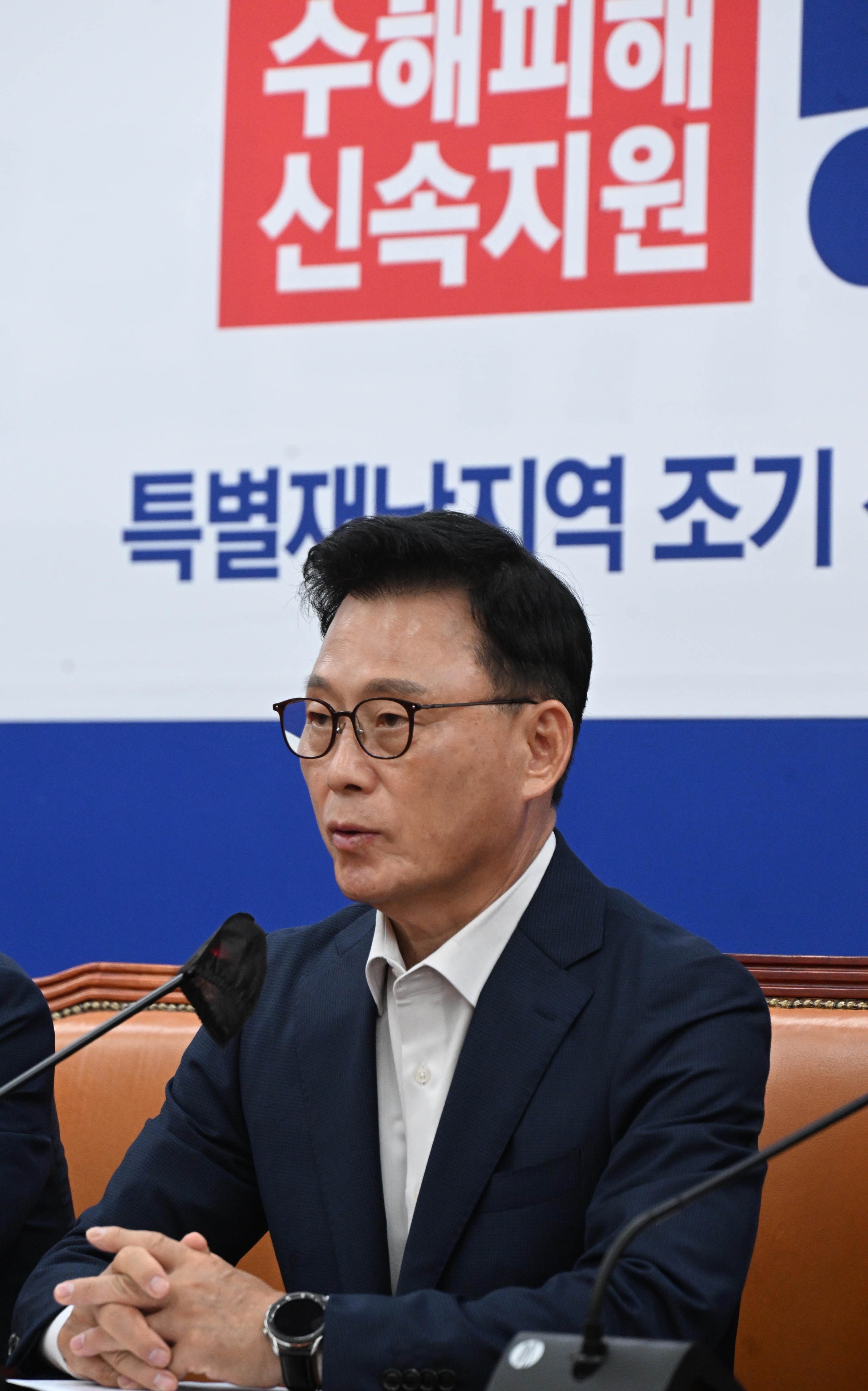 박광온 더불어민주당  원내대표가 20일 오전 국회에서 열린 정책조정회의에서 발언하고 있다.  안주영 전문기자