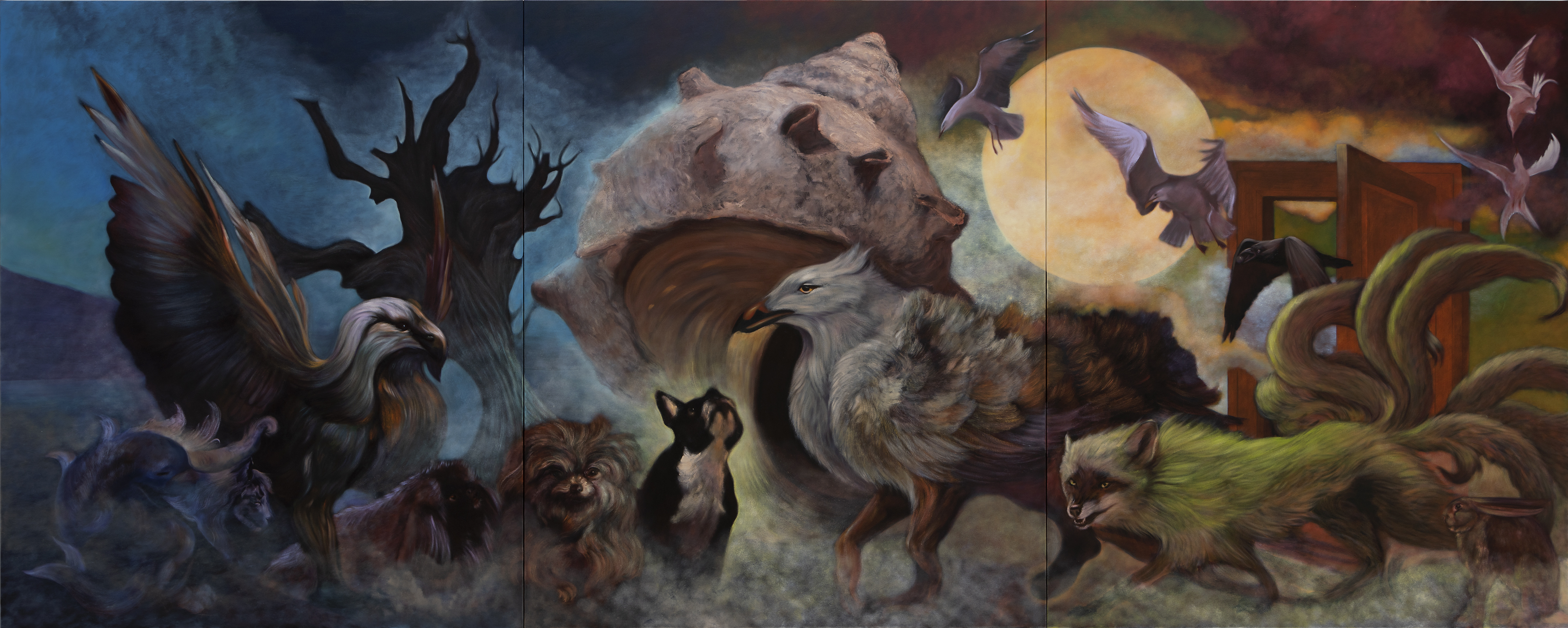 제이디 차, &lt;트릭스터, 잡종, 짐승(Tricksters, Mongrels, Beasts)&gt;, 2023, Oil on canvas, 600×240㎝(Triptych) 스페이스K 서울 제공