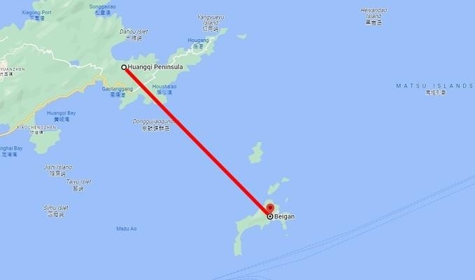 중국 푸젠성 황치반도에서 대만 외곽섬 베이간다오까지 거리를 표시하는 구글 지도. 구글지도 캡처