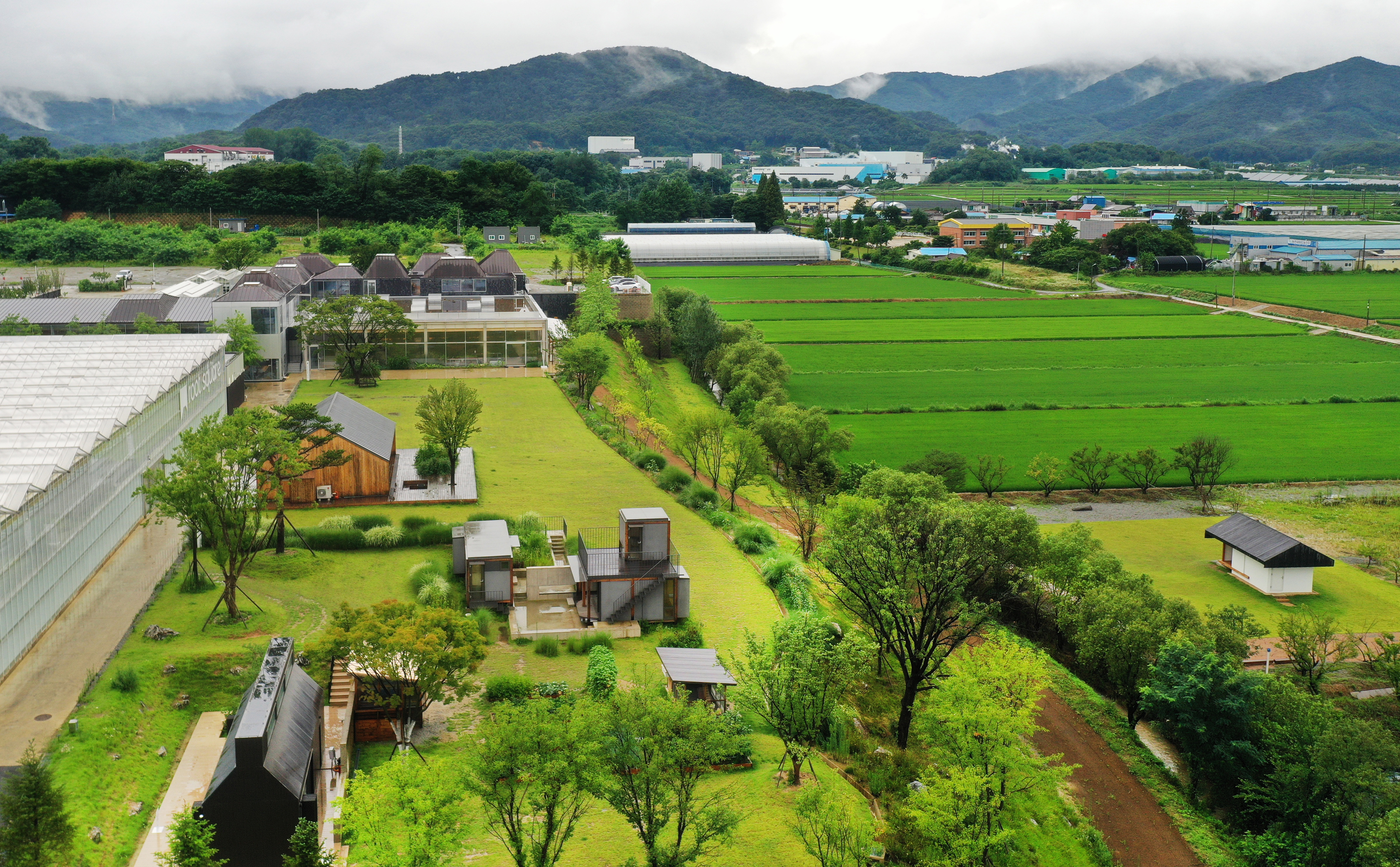 충북 진천의 뤁스퀘어 전경. 왼쪽은 담수어 양식장인 캐비어 팜과 캠핑 사이트, 오른쪽 아래는 미래 농촌 주거단지, 위 가운데는 카페와 스마트팜 쇼룸이다.