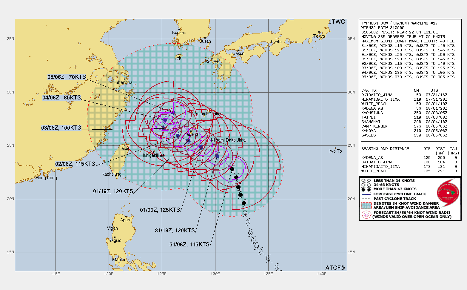 제6호 태풍 카눈 예상이동경로.  미국 합동태풍경보센터(JTWC)