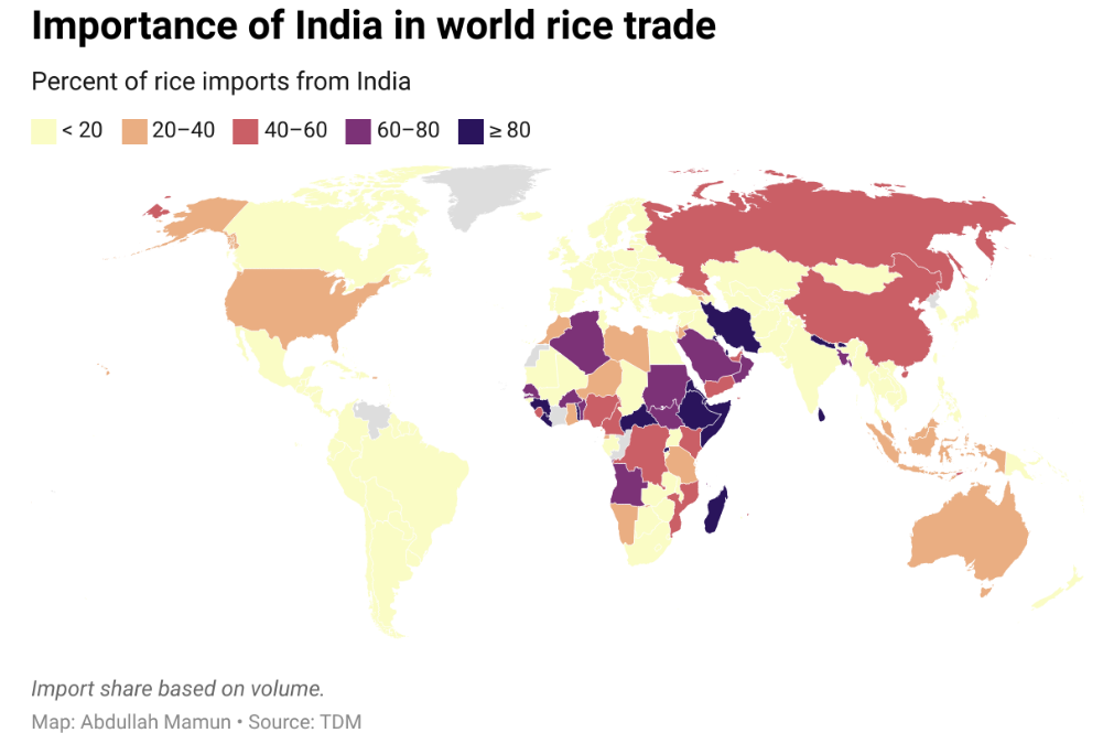 여러 나라의 쌀 수입량 중 인도산의 비중.