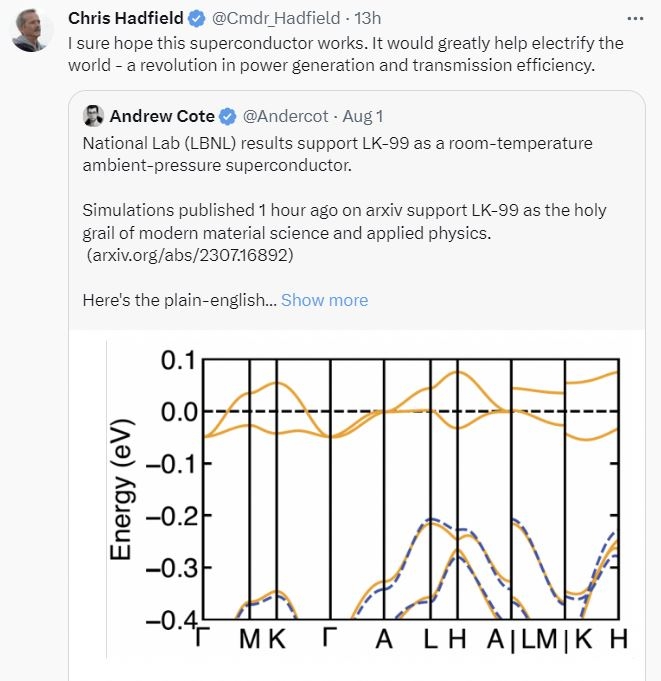 캐나다 우주비행사 크리스 해드필드가 자신의 소셜미디어 ‘엑스’(X·옛 트위터)에 올린 초전도체 관련 게시물