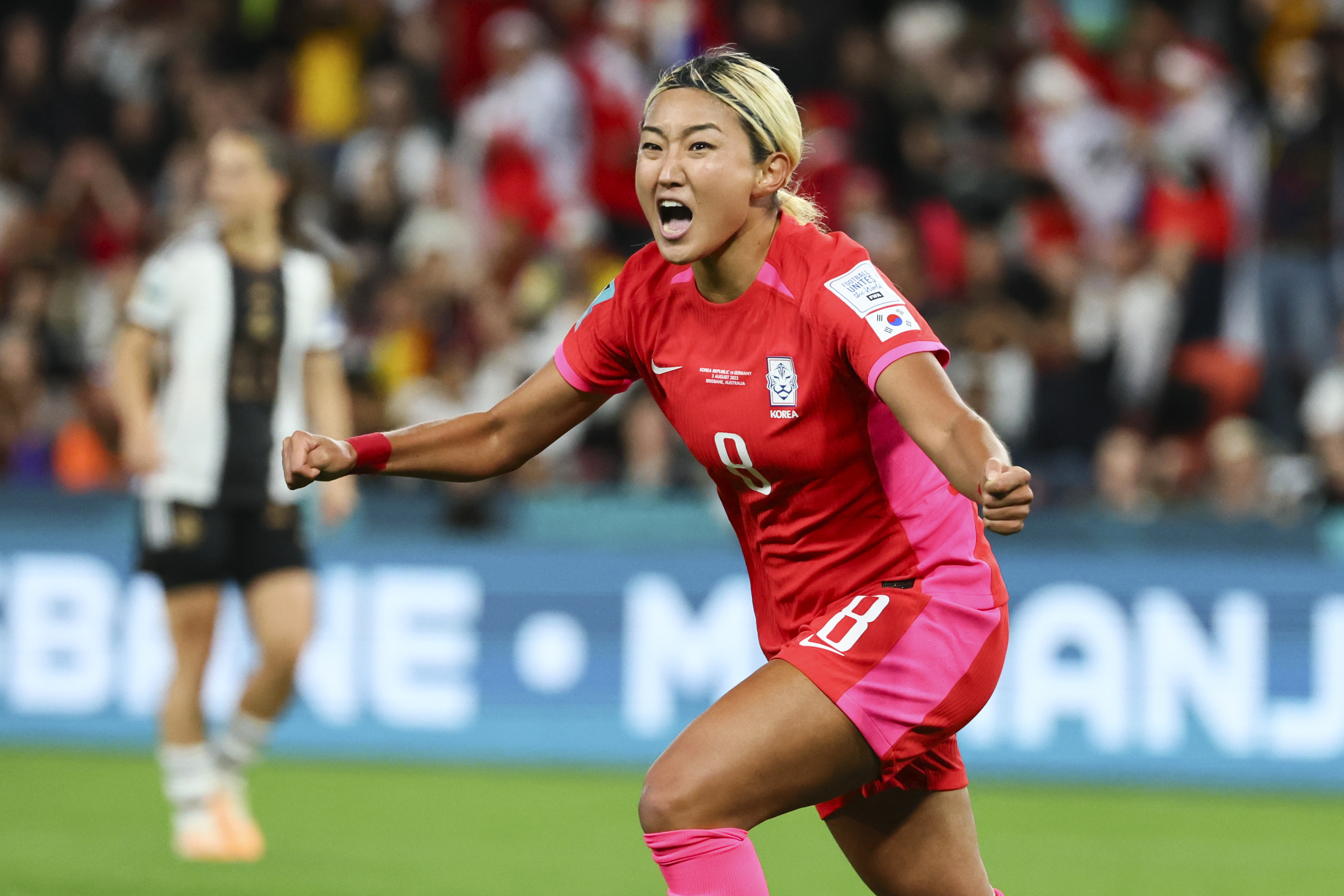 3일 2023 호주 뉴질랜드 여자 월드컵 H조 조별리그 3차전에서 독일을 상대로 한국 여자 축구의 월드컵 첫 선제골을 터뜨린 조소현.  AP 연합뉴스