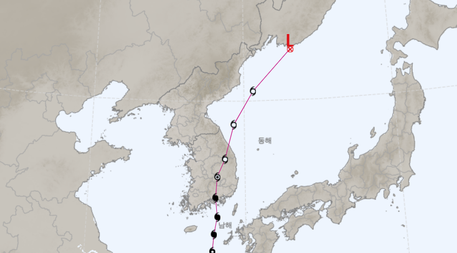 2012년 태풍 ‘산바’ 이동경로.  기상청 제공