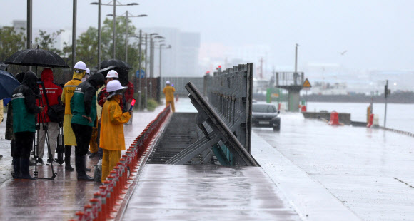 제6호 태풍 ‘카눈’이 북상 중인 9일 오후 경남 창원시 마산합포구 마산어시장 일대에 차수벽(기립식 방조벽)이 작동하고 있다.      이 차수벽은 이날부터 24시간 가동할 예정이다. 2023.8.9 연합뉴스