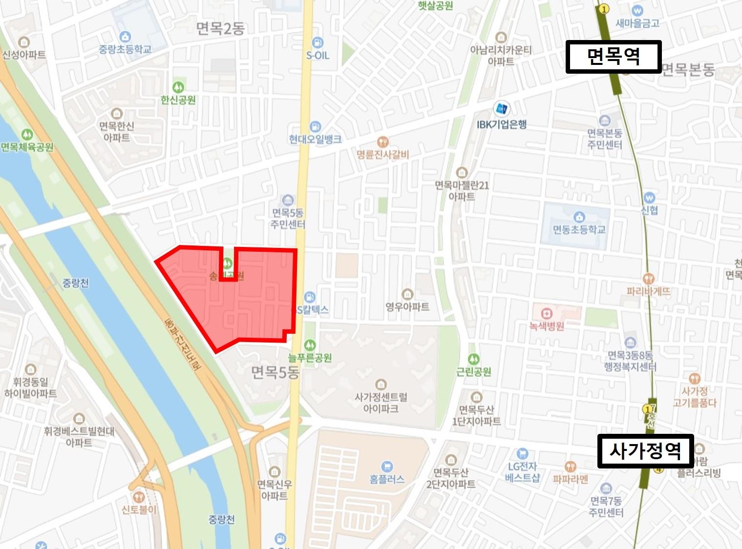 서울시 신속통합기획 민간 재개발 후보지로 선정된 면목5동 172-1번지 일대 위치도. 중랑구 제공
