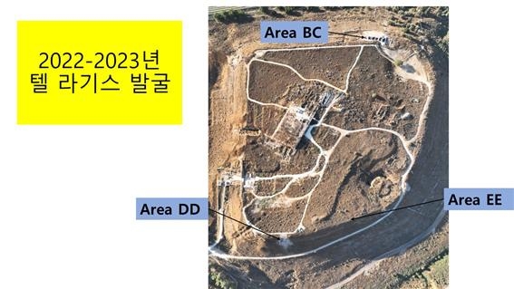 제7차 텔 라기스 발굴 지역 항공사진. BC는 히브리대, DD와 EE는 한국이 맡았으며 EE에서 남쪽 성벽이 발견됐다. 이스라엘 관광청 제공.