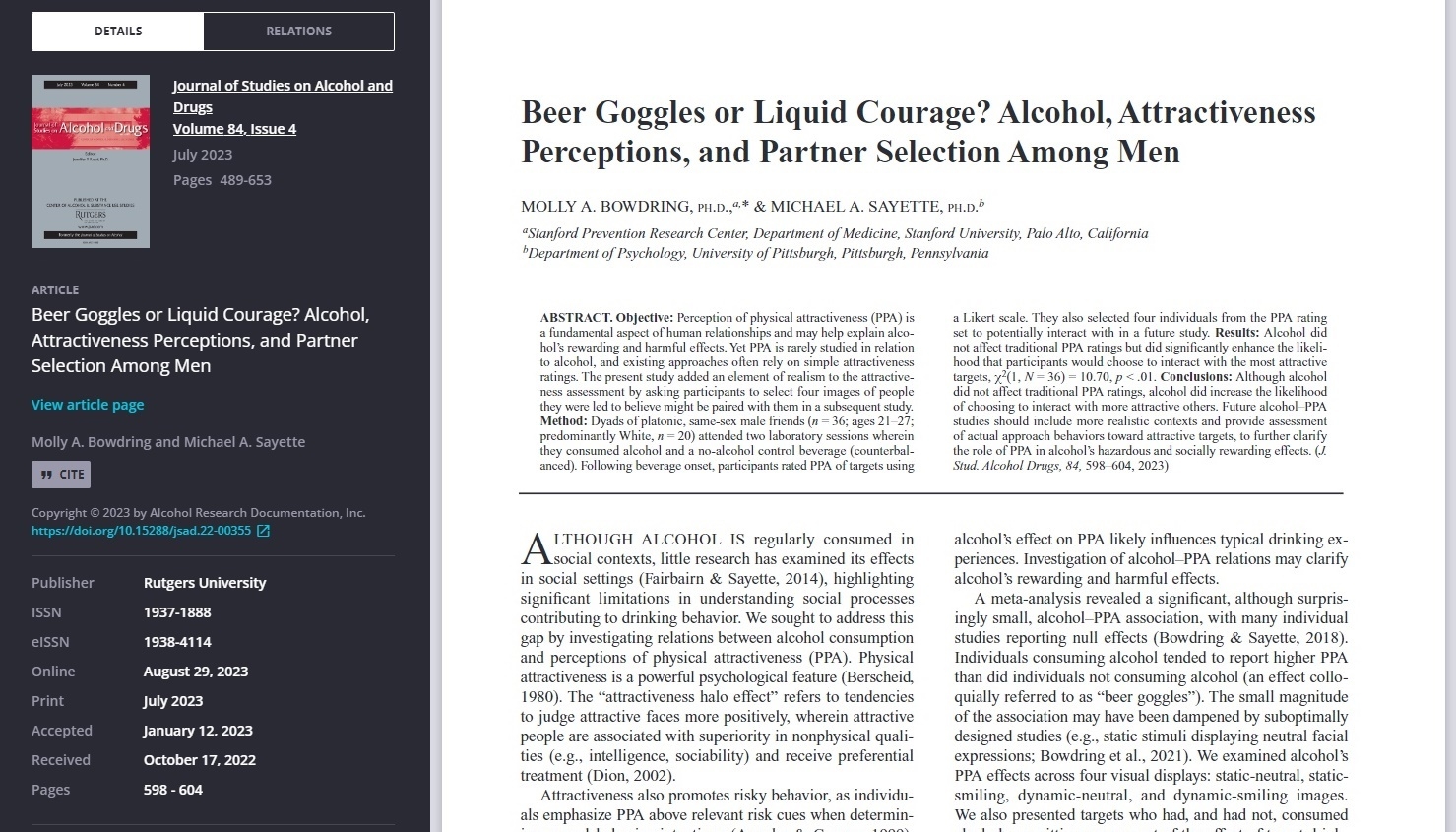 국제학술지 ‘알코올 및 약물 연구 저널’(Journal of Studies on Alcohol and Drugs)에 실린 알코올이 상대 매력 인식 및 용기 강화에 미치는 영향 연구 관련 논문. JSAD 홈페이지