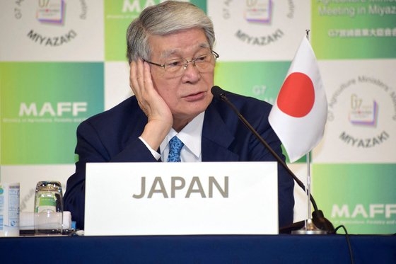 노무라 데쓰로 일본 농림수산상이 지난 4월 23일 일본 미야자키현에서 열린 G7 농업장관 회의에 참여해 발언하고 있다. AFP 연합뉴스