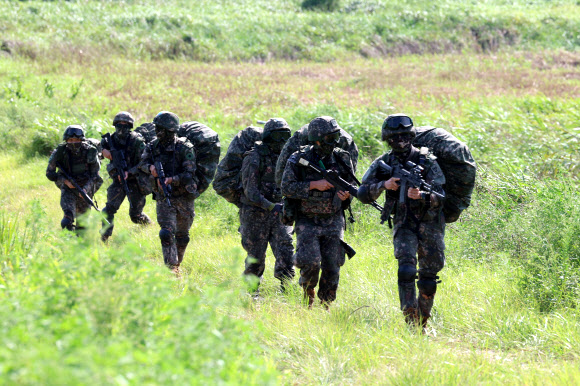 한미연합훈련 ‘을지 자유의 방패(UFS·을지프리덤실드)’가 이어진 지난달 31일 전남 장성군 일대에서 공중강습작전이 펼쳐지고 있다. 2023.9.1 연합뉴스