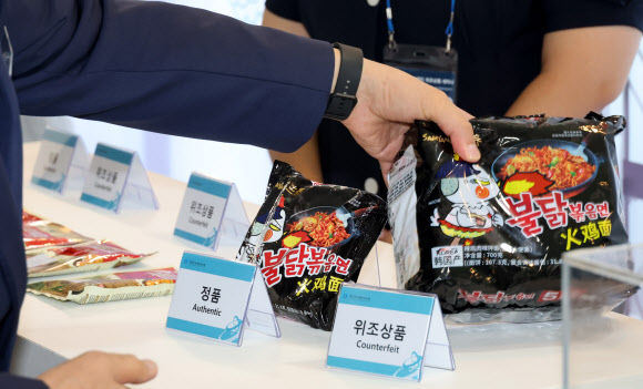 6일 국회 의원회관에서 K-브랜드 위조상품 전시회를 하고 있다.  더불어민주당 김한정 의원과 특허청이 주최한 행사다. 2023.9.6 연합뉴스