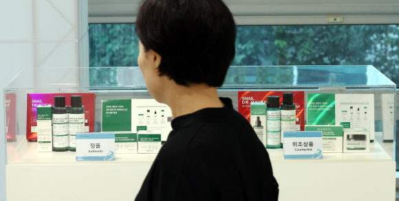 6일 국회 의원회관에서 K-브랜드 위조상품 전시회를 하고 있다.  더불어민주당 김한정 의원과 특허청이 주최한 행사다. 2023.9.6 연합뉴스