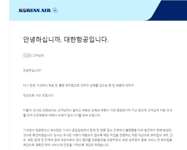 대한항공이 승객에게 보낸 이메일 안내문. 연합뉴스