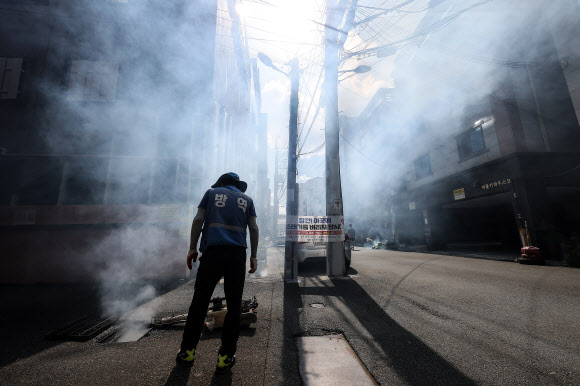 18일 대구 동구 신암동 주택가에서 동구보건소 관계자가 모기 등 해충 피해를 예방하기 위해 방역을 하고 있다. 2023.9.18 연합뉴스