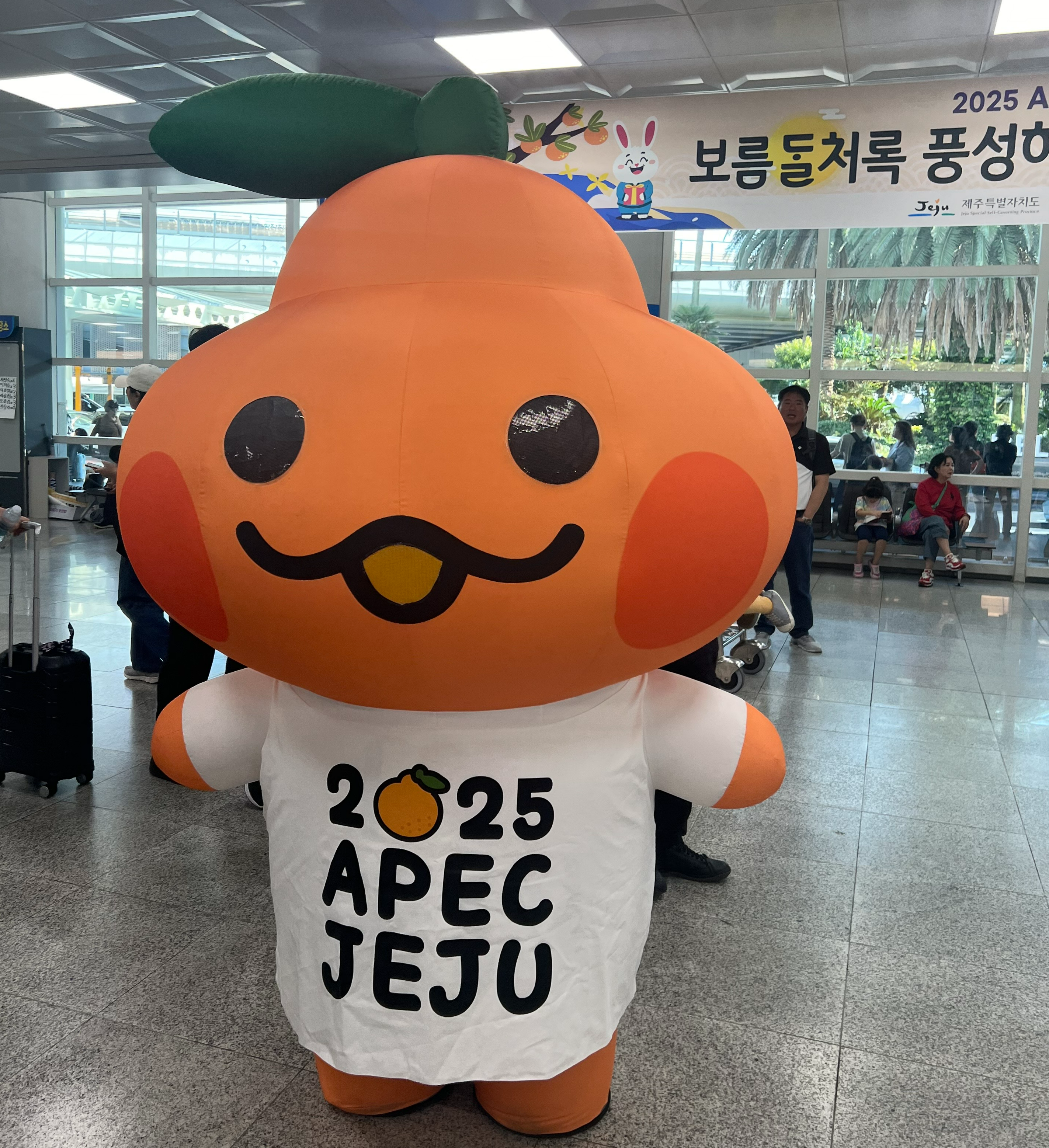 27일 제주국제공항 1층 도착장에서 APEC 정상회의 제주 유치 캐릭터 홍보대사 ‘부라봉’이 귀성객을 맞을 채비를 하고 있다. 제주 강동삼 기자