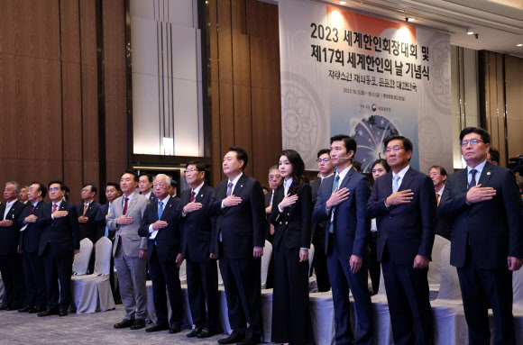 국기에 경례하는 윤석열 대통령 내외