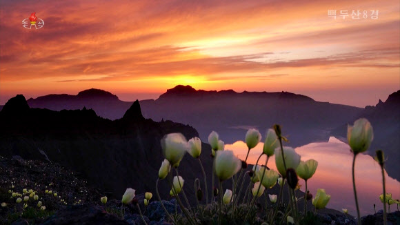 북한 조선중앙TV는 5일 올해 조선기록과학영화촬영소에서 제작한 기록영화 ‘백두산 8경’을 방영했다. 영화는 백두산의 웅장한 절경을 드론을 활용해 생생하게 담아냈다. 영화는 백두산 8경인 백두산의 해돋이, 향도봉의 친필글발, 삼천리조국땅이 바라보이는 장군봉, 백두연봉의 웅장한 자태, 장쾌하고 우아한 천지, 떼지어 노는 천지산천어, 눈속에 핀 만병초, 백두의 칼바람을 차례로 소개했다. 백두산은 1989년 4월에 세계생물권보호구로 유네스코에 등록되었다. 2023.10.5. 조선중앙TV 화면·연합뉴스