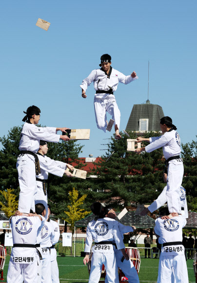 5일 오전 경기도 용인시 육군 제55사단에서 열린 부대개방행사에서 1군단 태권도시범단이 송판을 격파하고 있다. 2023.10.5 연합뉴스