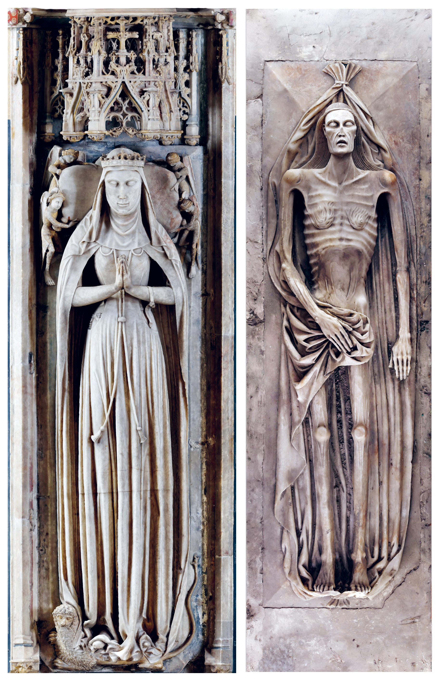 중세 여성으로는 드물게 영국 가터 기사단의 일원이 됐던 앨리스 초서의 무덤 조형물. 화려한 석관 겉면 부조(왼쪽)와 달리 내부(오른쪽)는 부패해 가는 시신을 묘사했다. 시공아트 제공