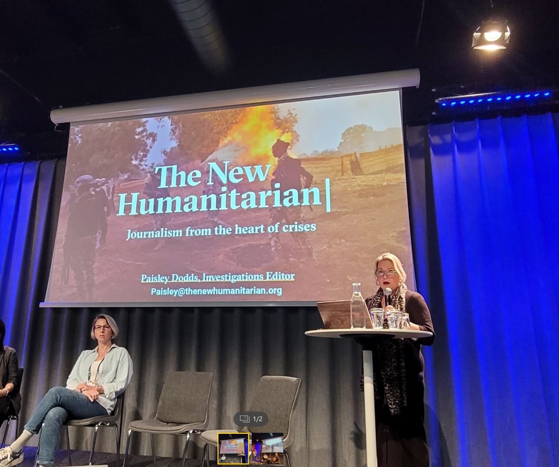 지난 22일 스웨덴 예테보리에서 열린 ‘세계 탐사보도 컨퍼런스’에서 ‘자연재해와 인재 보도’ 세션에 발표자로 참석한 에스라 얄시날프(왼쪽)와 페이즐리 도즈 기자. 예테보리 이주원 기자
