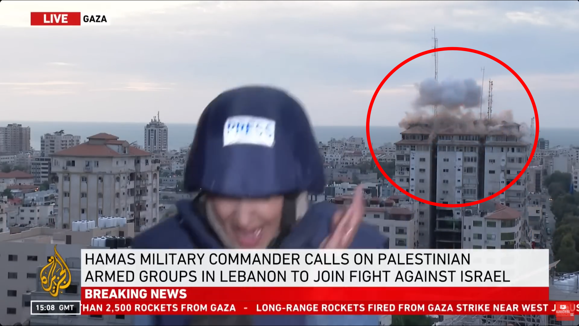 8일(현지시간) 중동 매체 알자지라가 가자지구의 상황을 생방송으로 전하던 도중 이스라엘의 공습 장면이 그대로 송출됐다. 유튜브 Al Jazeera English
