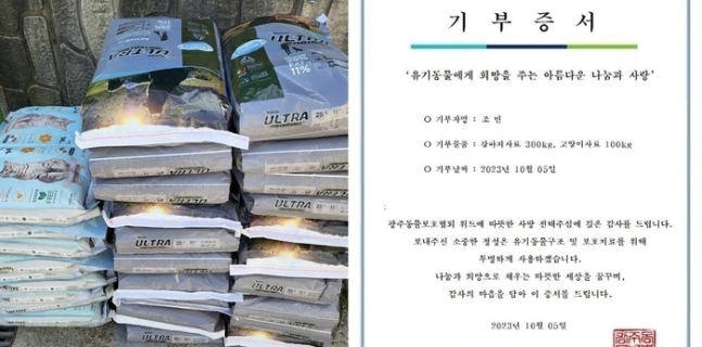 조국 전 법무부 장관의 딸 조민씨가 지난 6월 발매한 ‘내고양이-미닝’ 음원 수익을 모아 동물 단체에 전달했다. 조민이 동물단체에 기부한 사료와 기부증서. 유튜브 채널 ‘쪼민’ 캡처