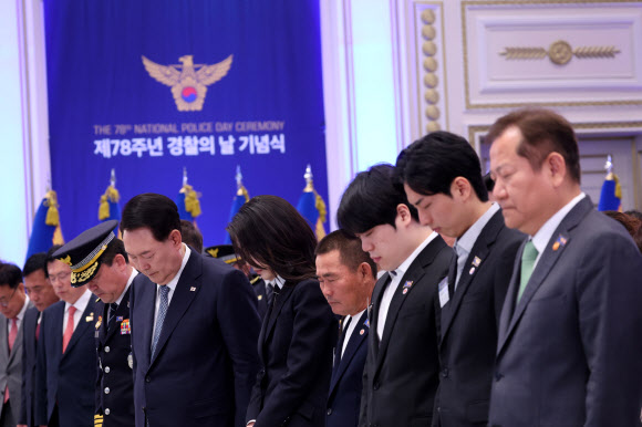 윤석열 대통령과 김건희 여사가 18일 청와대 영빈관에서 열린 제78주년 경찰의날 기념식에서 묵념하고 있다. 2023.10.18 연합뉴스