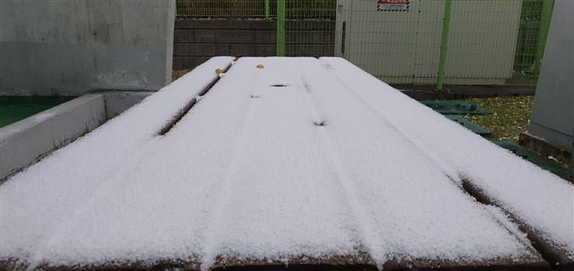 21일 화천 광덕산에 하얀 첫눈이 소복히 쌓여 있다. 2023.10.21. 기상청 제공