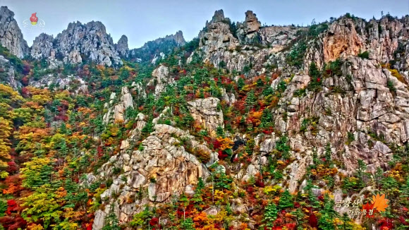 북한 조선중앙TV는 24일 드론을 이용해 붉게 물든 금강산의 가을풍경을 다양한 각도에서 촬영한 영상을 방영했다.  2023.10.24  조선중앙TV 화면