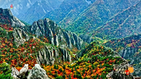 북한 조선중앙TV는 24일 드론을 이용해 붉게 물든 금강산의 가을풍경을 다양한 각도에서 촬영한 영상을 방영했다.  2023.10.24  조선중앙TV 화면