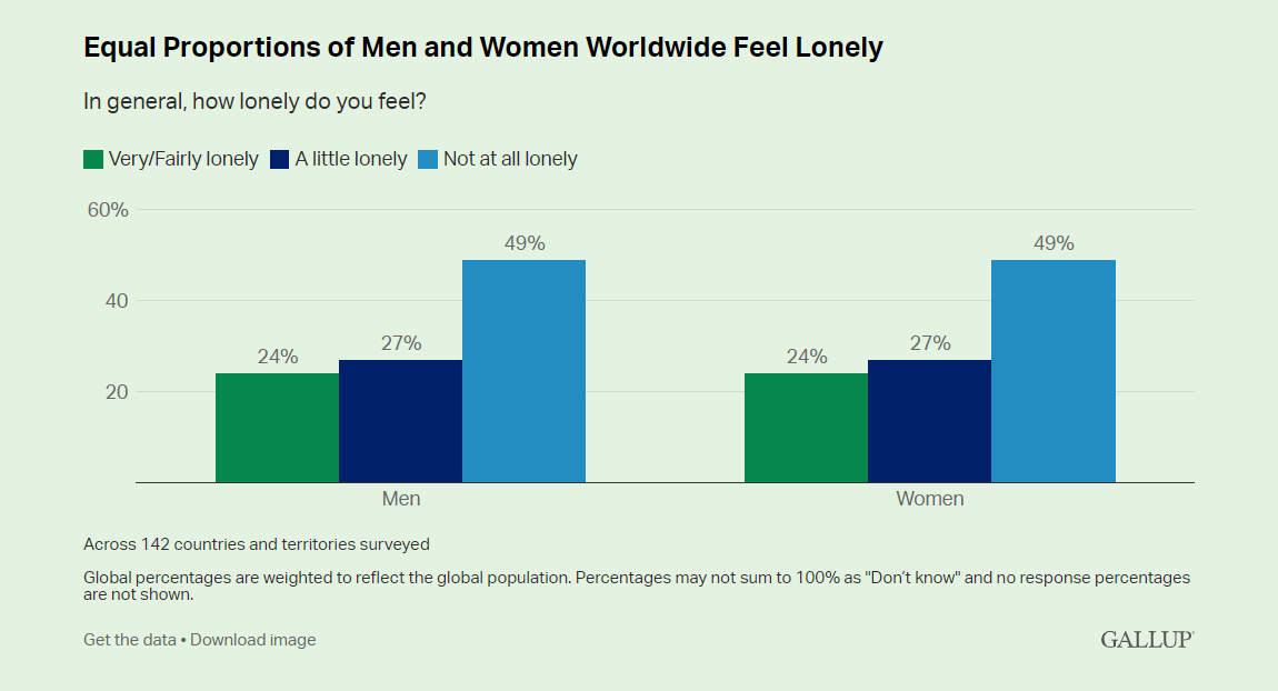 남성과 여성 모두 24%가 ‘매우 또는 상당히 외롭다’고 답했다. 갤럽 홈페이지 캡처