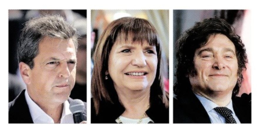 1차 투표에서 선두로 올라선 세르히오 마사(왼쪽부터) 경제장관과 3위로 결선 진출에 실패한 파트리시아 불리치 전 치안장관, 불리치 후보의 지지 선언으로 힘을 받은 2위 하비에르 밀레이 연방 하원의원. 아르헨티나 스타 캡처