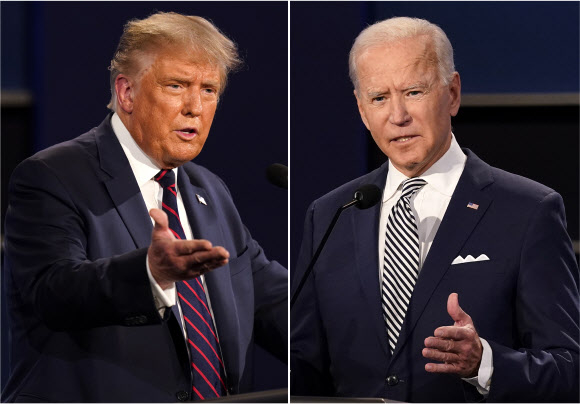 조 바이든(오른쪽) 미국 대통령과 도널드 트럼프 전 미 대통령. 이들의 가상 양자대결에서 트럼프 전 대통령이 완승을 거뒀다. 서울신문 DB