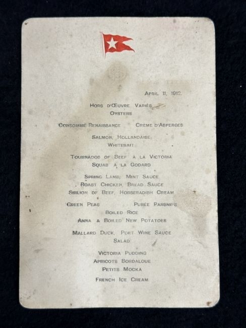 1912년 4월 11일 타이태닉호 일등석 승객에게 제공된 만찬 메뉴판이 11일 경매에서 8만 3000파운드에 낙찰됐다. 사진 ‘Henry Aldridge&son’ 웹사이트 캡처. 연합뉴스