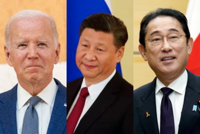 조 바이든(왼쪽) 미국 대통령, 시진핑(가운데) 중국 국가주석, 기시다 후미오(오른쪽) 일본 총리. AP·타스 연합뉴스
