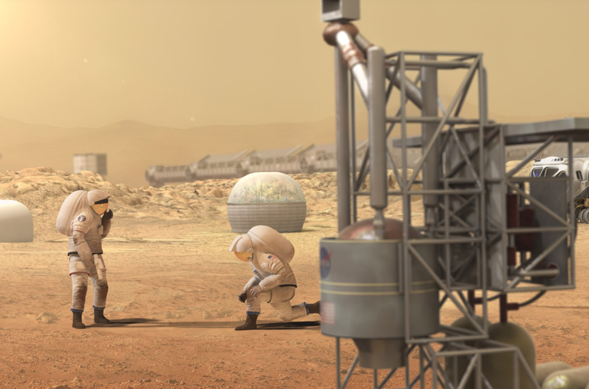 화성 유인 탐사를 위해서 발사체 추진과 생명 유지 시스템에 사용할 수 있는 산소가 필요하다.   미국항공우주국(NASA) 제공