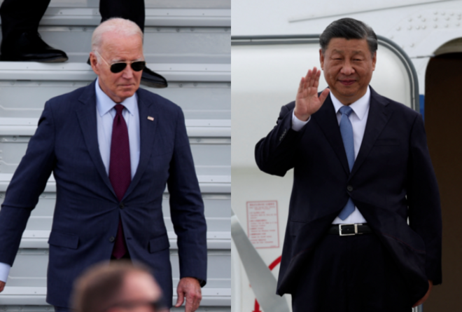 조 바이든 미국 대통령이 아시아태평양경제협력체(APEC) 정상회의 참석차 14일(현지시간) 미국 샌프란시스코 국제공항에 도착해 비행기 트랩을 내려오고 있다(왼쪽 사진). 시진핑 중국 국가주석은 이날 38년 만에 샌프란시스코에 도착했다(오른쪽 사진). 두 정상은 다음날 오전 대면 정상회담을 갖고 중동 문제와 미중 갈등 해소 방안 등을 논의한다. 샌프란시스코 로이터 연합뉴스