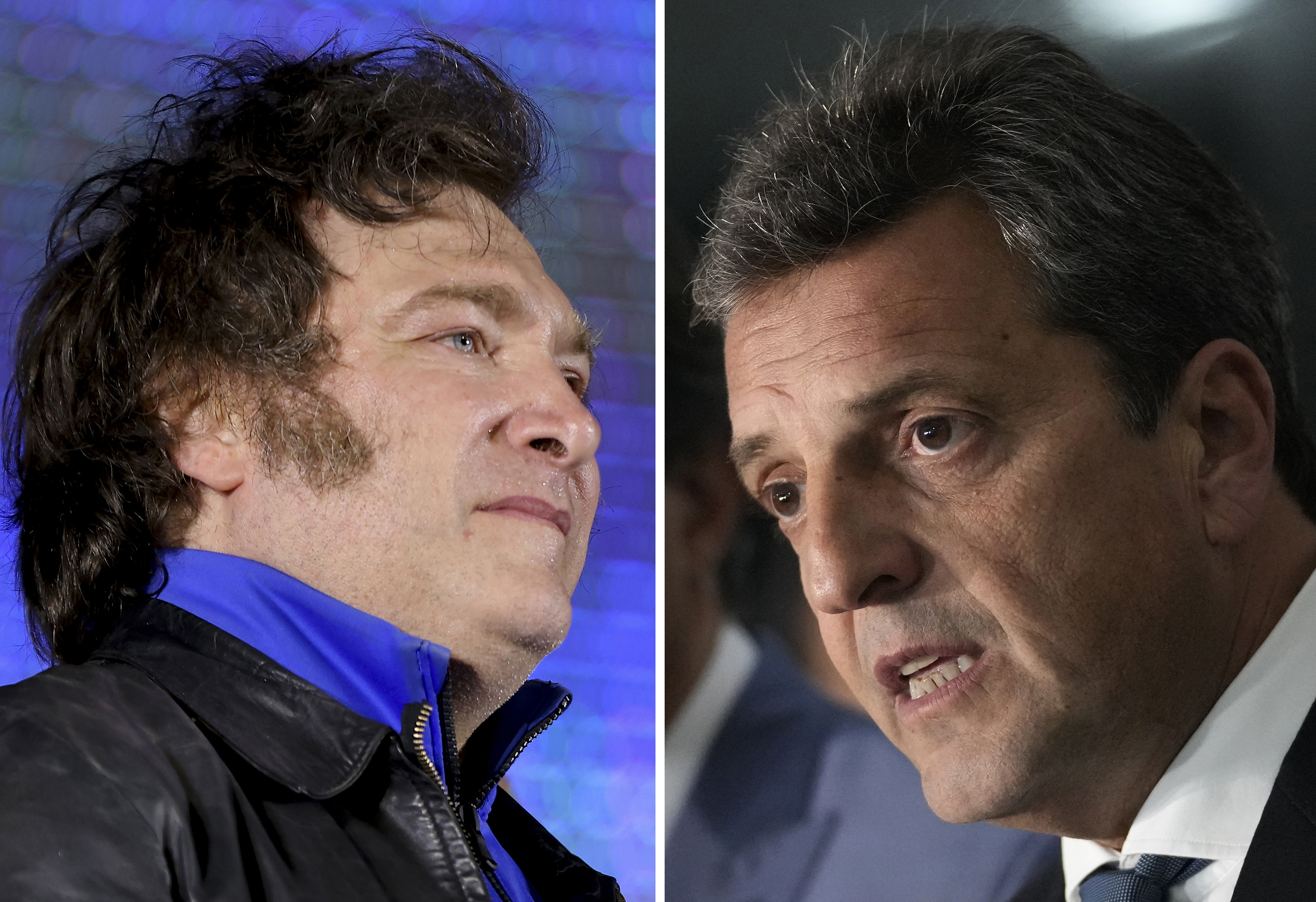19일(현지시간) 아르헨티나 대선 결선투표에서 맞붙는 하비에르 밀레이(왼쪽)와 세르히오 마사. AP 연합뉴스
