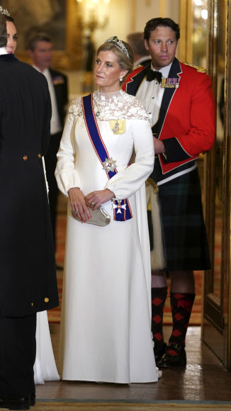 Britain‘s Sophie, Duchess of Edinburgh ahead of the State Banquet, for the state visit to the UK by President of South Korea Yoon Suk Yeol and his wife Kim Keon Hee, at Buckingham Palace, London, Tuesday, Nov. 21, 2023. AP 뉴시스