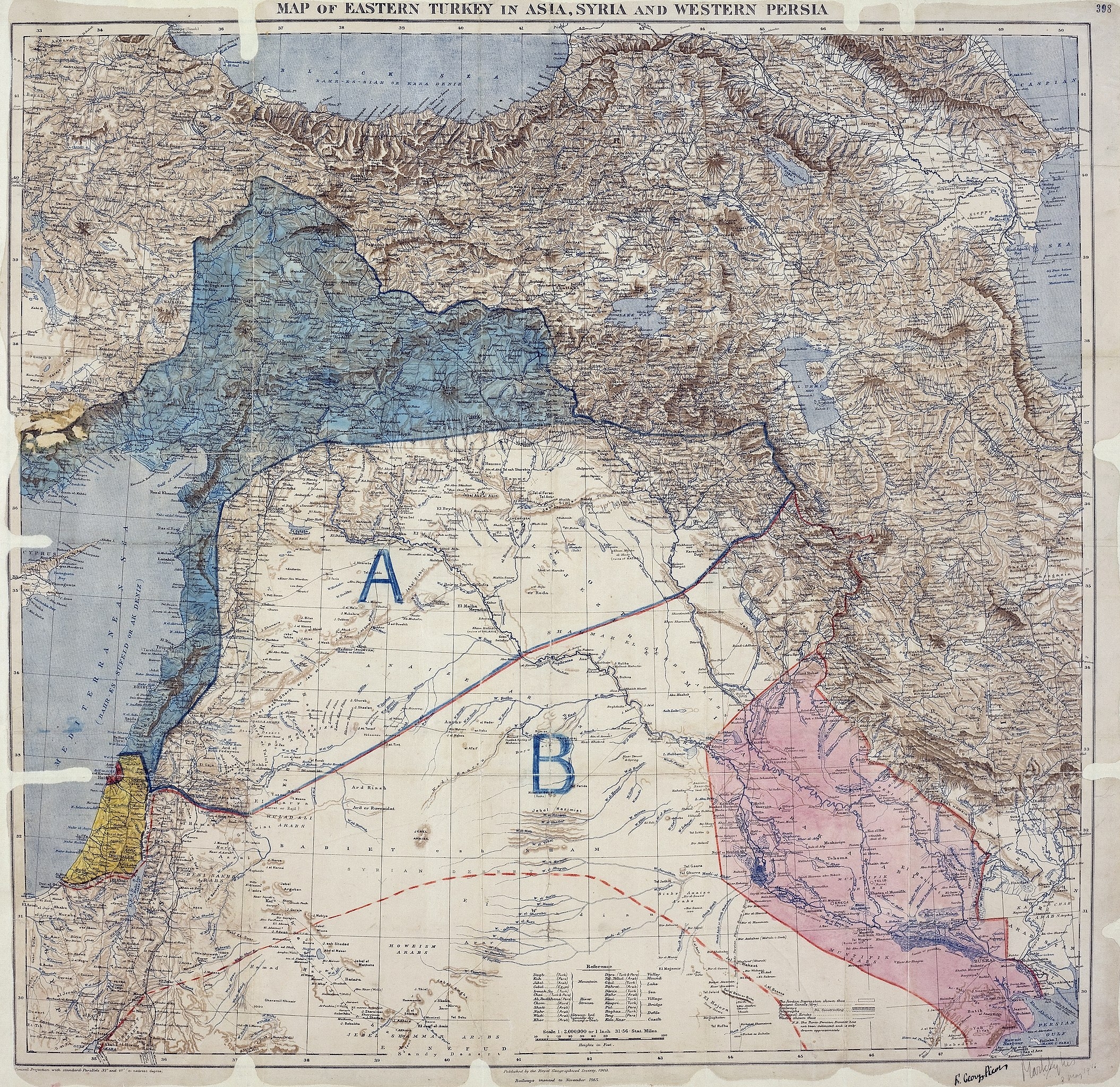 1916년 사이크스와 피코가 작성한 영토 분할 지도. 이때 그어진 선은 오늘날까지 레바논·시리아·이스라엘·요르단·이라크의 국경선으로 남아 있다. 위키피디아 제공