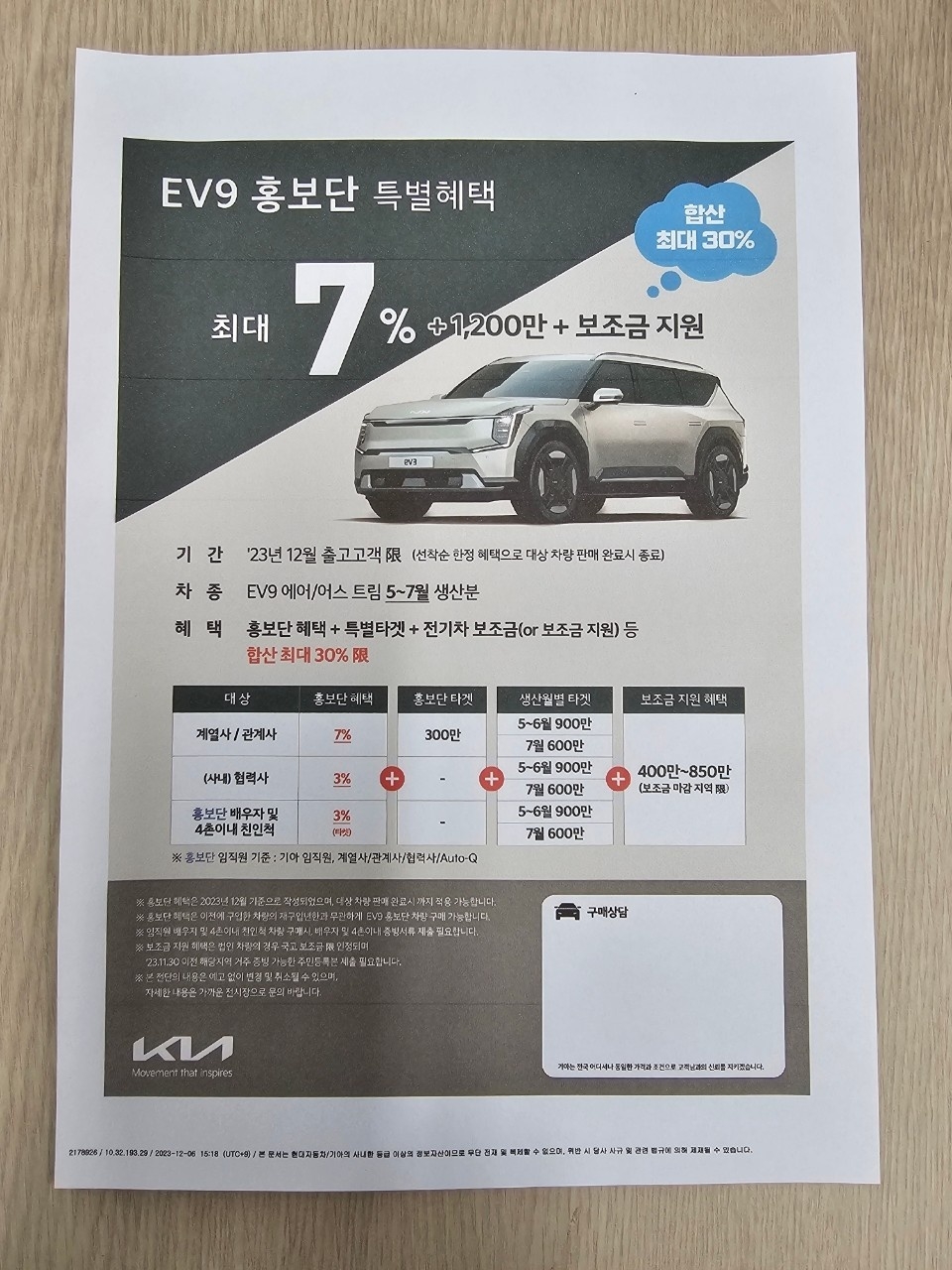 임직원들에게 EV9 모델을 지역 보조금을 포함해 최대 30%까지 할인 판매한다는 전단지. 네이버 전기차 동호회 캡처.