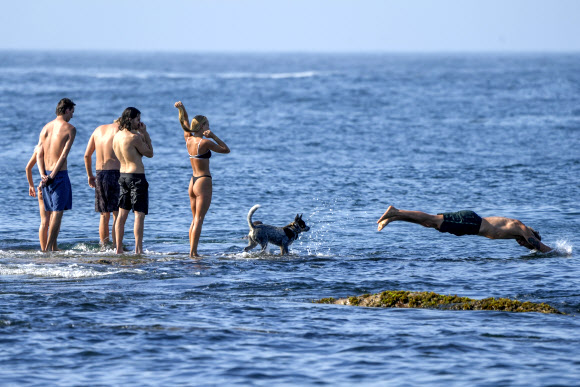 9일(현지시간) 호주 전역에 40도를 넘는 무더위가 이어지면서 시드니 본다이 해변에서 시민들이 물놀이를 즐기며 더위를 식히고 있다. AP 연합뉴스